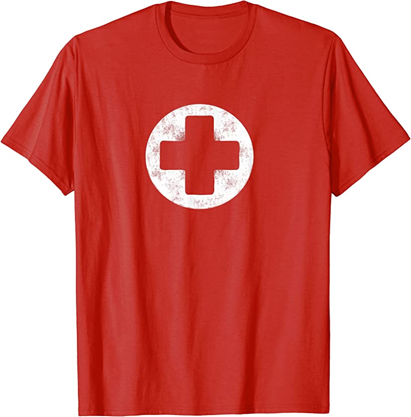 White-Faux-Vintage-Distressed Nurse-Lifeguards-Cross Design T-Shirt