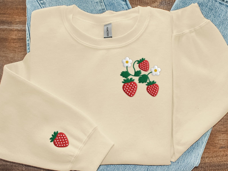 Strawberry Embroidered Sweatshirt 2D Crewneck Sweatshirt All Over Print Sweatshirt For Women Sweatshirt For Men Sws3105