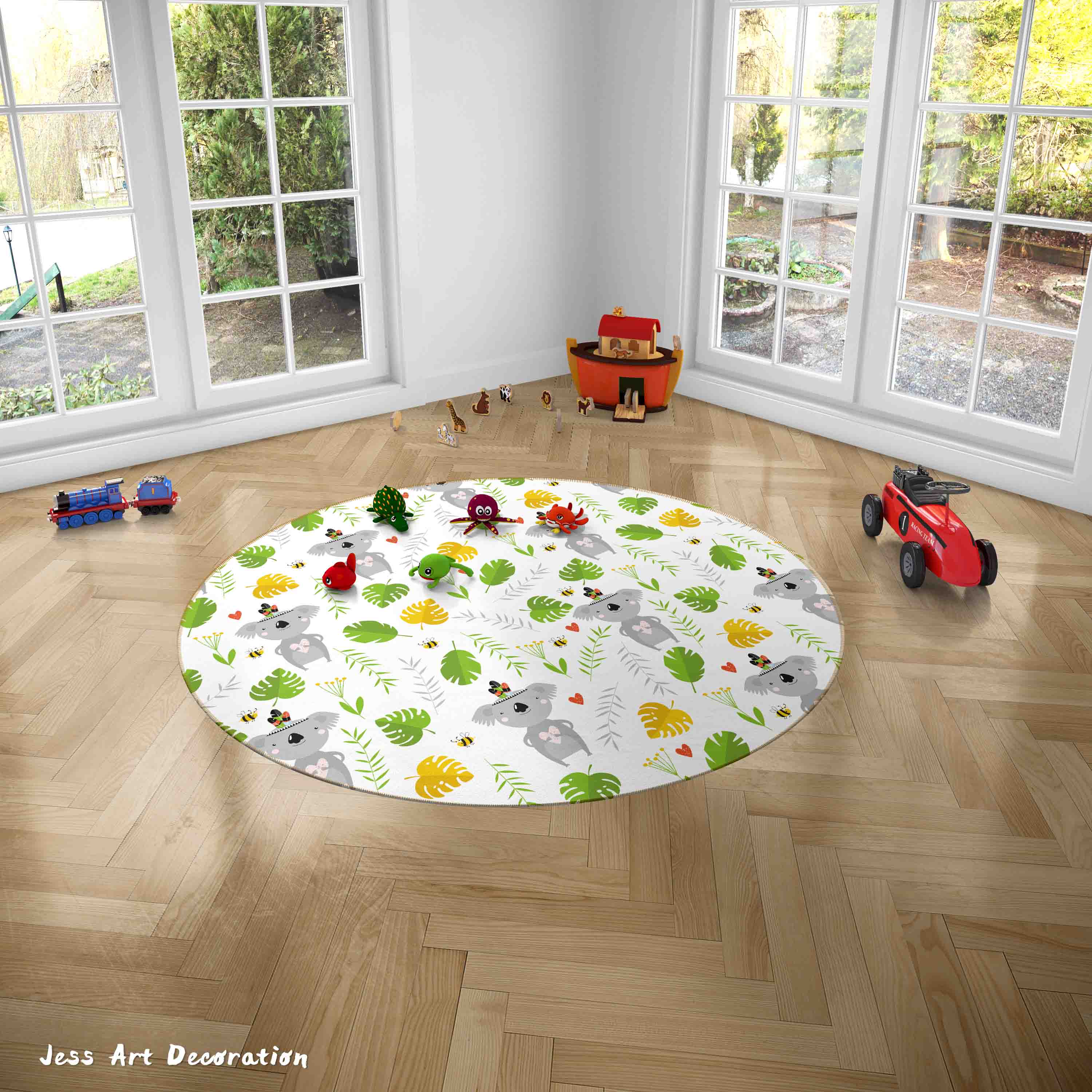 3D Cartoon Animal Koala Green Leaf Kids Non-Slip Round Rug Mat 1