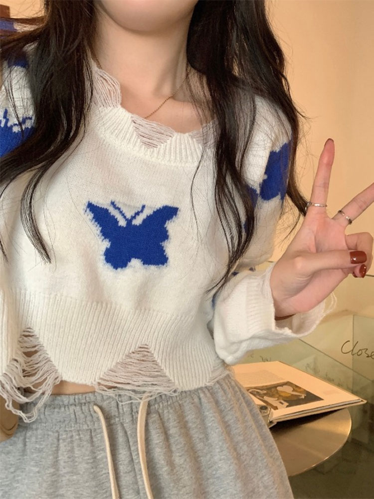 2022 Spring Autumn New Hole Design Knit Sweater For Women Korean Fashion Streetwear Short Pullover Loose Long Sleeve Top Knitted alx