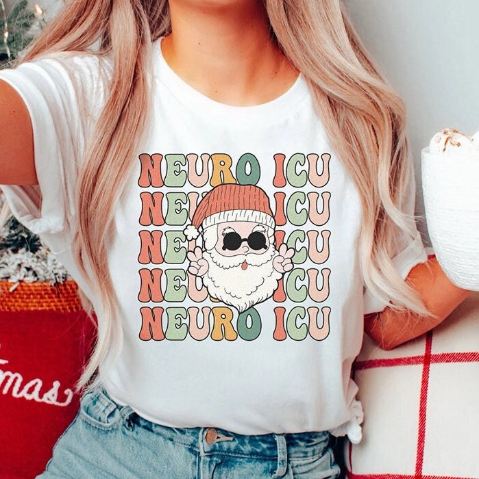 Retro Neuro ICU Christmas T-Shirt, Funny Neuro ICU Nurse Xmas Shirt, Groovy Happy Holidays Neurology Squad Tshirt Secret Santa Gift