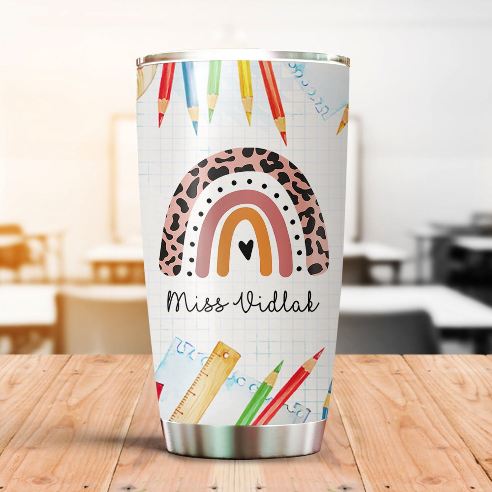 Personalized Tumbler For Teacher Leopard Boho Rainbow Crayons 20Oz Travel Cup Custom Name Gifts For Back To School