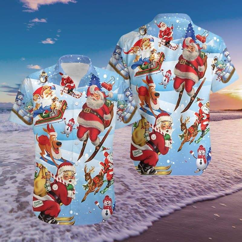 Funny Santa Claus Skiing Hawaii Aloha Shirts Ha56601