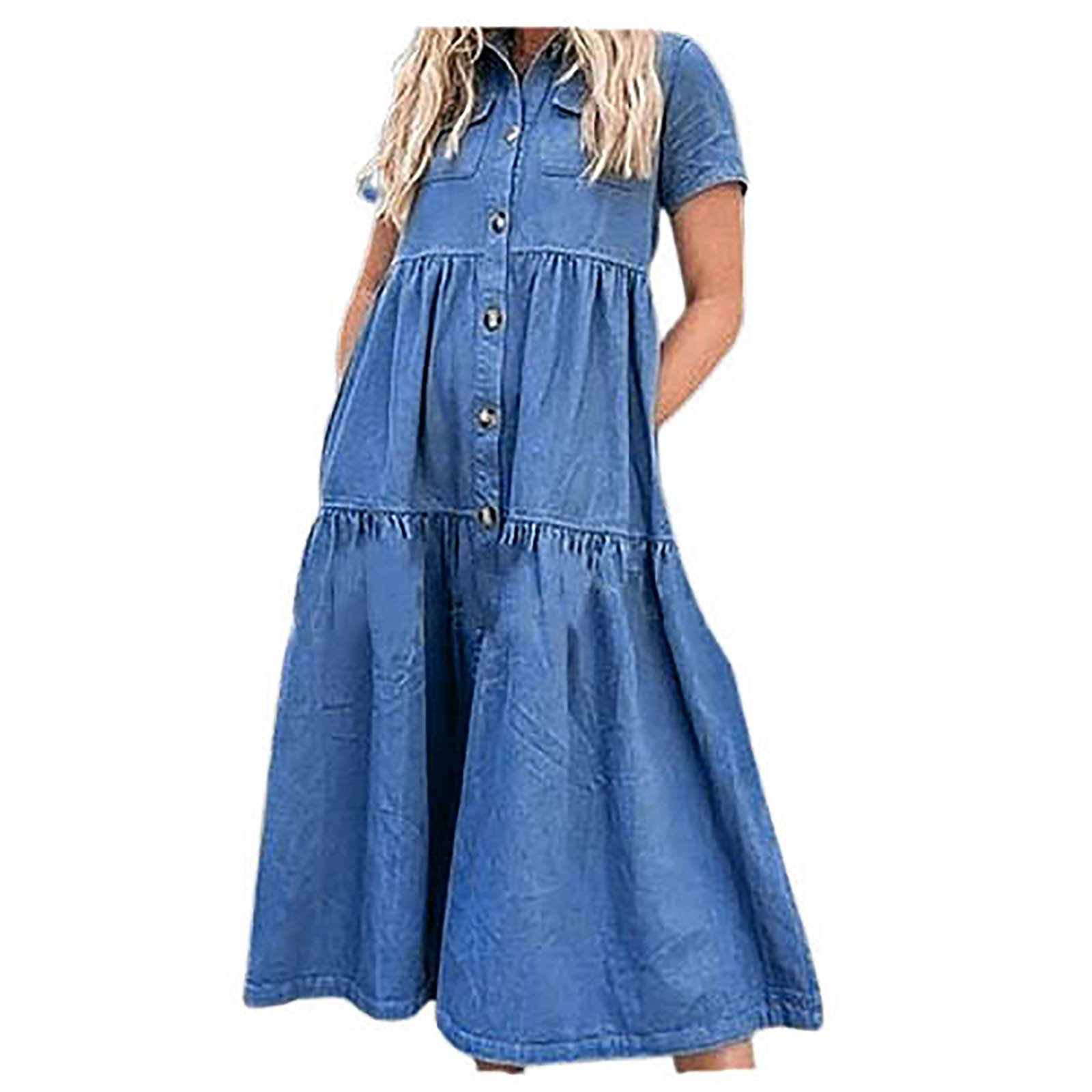 Vestidos Summer Women Long Denim Dress Single-Breasted Plus Size Jeans Shirt Dresses Lapel Neck Short Sleeve Pocket Robe Longue alx