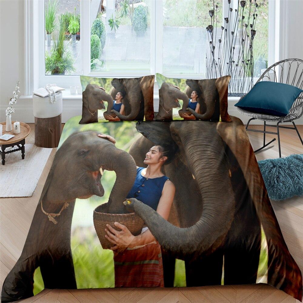 3D Girl Feeding Elephants 3 Pcs Quilted Comforter Set