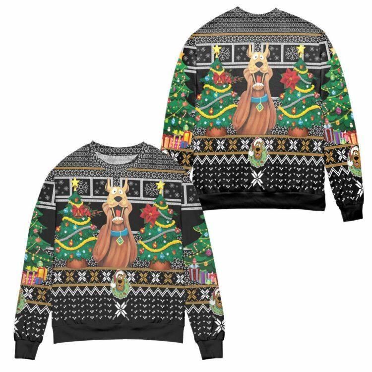 Santa Scoopy Doo And Christmas Tree Ugly Christmas Sweater – All Over Print 3D Sweater – Black