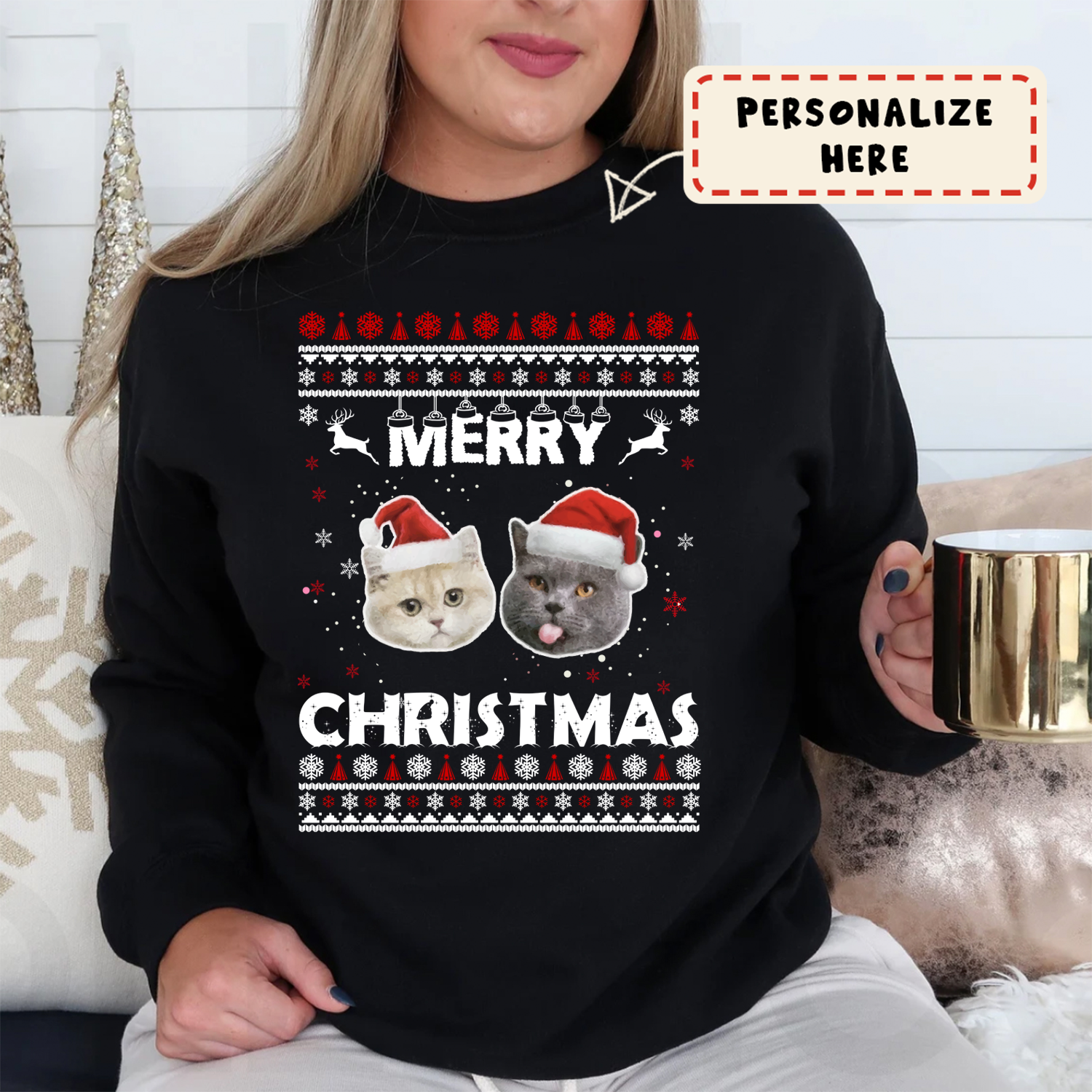 Personalized Cat’S Face Christmas Gift Sweatshirt, Custom Pet Photo Christmas Sweatshirt, Gift For Pet Lover