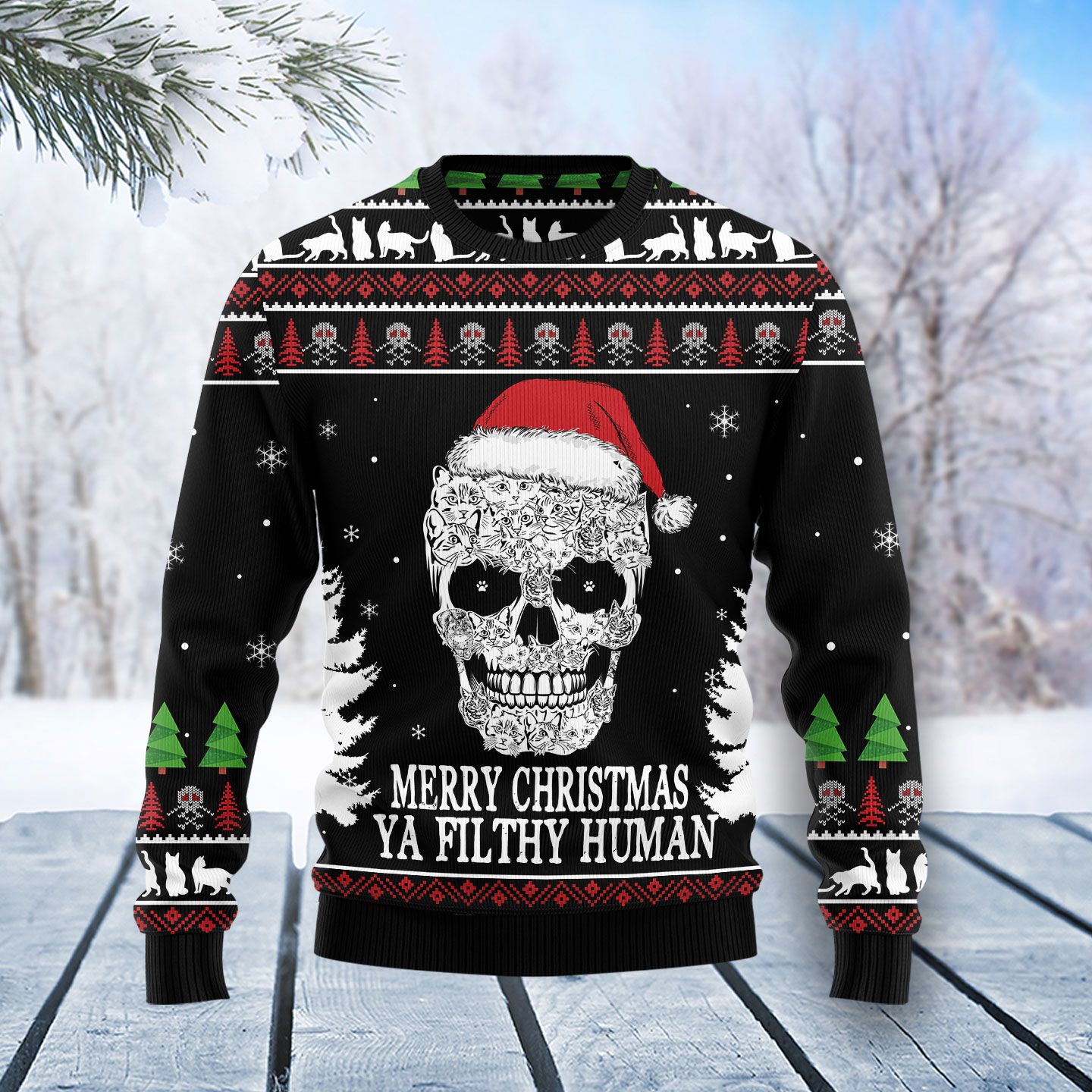 Cat Skull Santa Ugly Christmas Sweater | For Men & Women | Adult | Us5823