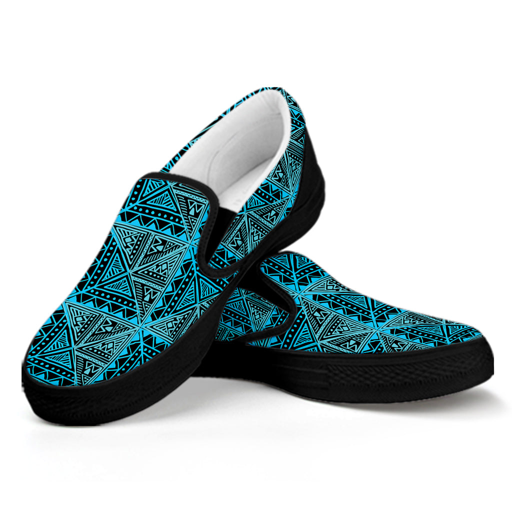 Turquoise African Ethnic Pattern Print Black Slip On Shoes