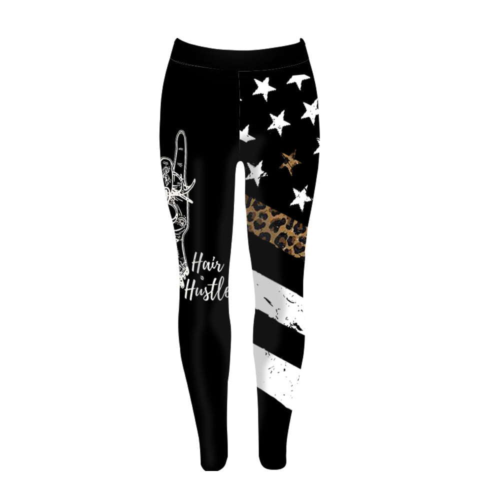 Hair Hustler Leopard American Flag Hairstylist All Over Print Leggings, Running Leggings For Women