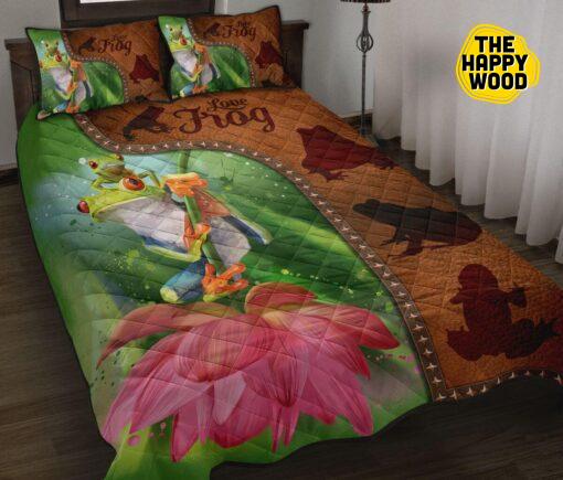 Frog Lotus Flower Art Leather Style Quilt Bed Set And Pillow Covers