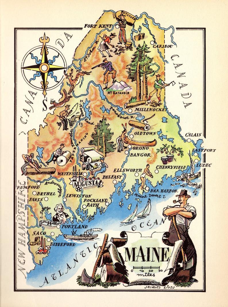 1940’S Animated Maine Map State Map Of Maine Print Cartoon Map Wall Art Map Blanket