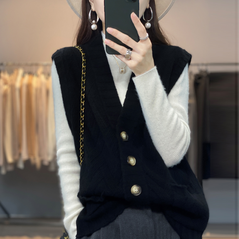 Autumn Winter New Cashmere Waistcoat Women Loose Twist Sleeveless V-Neck Cardigan Wool Vest Knitted Short Coat alx