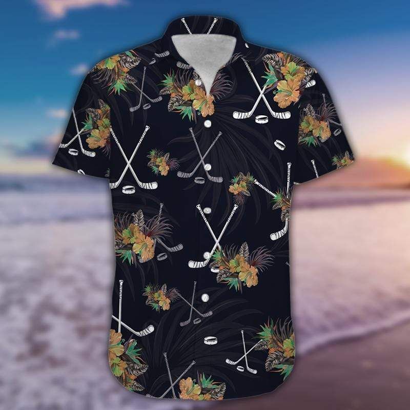 Simple Hockey Tropical Black Aloha Hawaii Shirts Ha26123