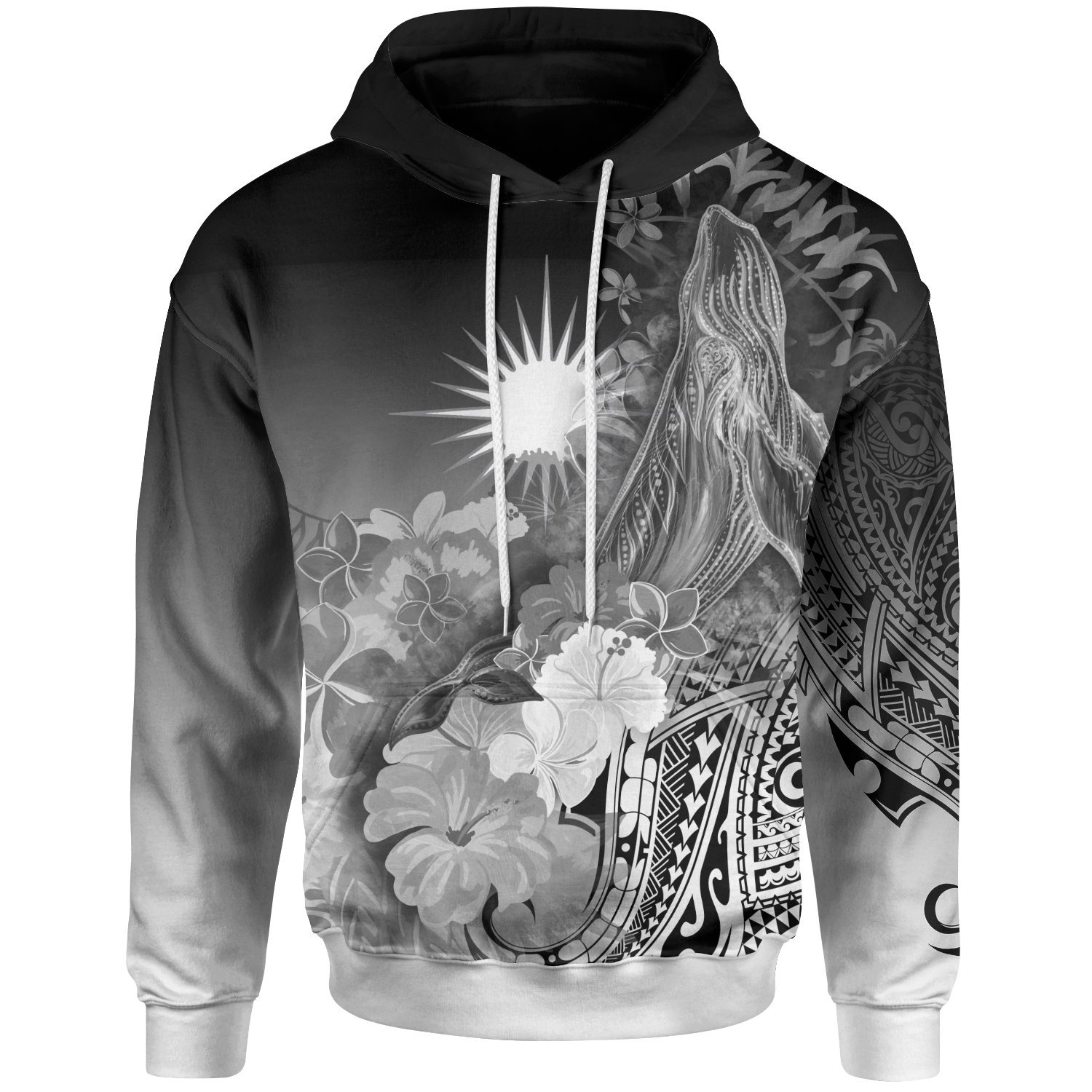 Marshall Islands Hoodie – Humpback Whale with Tropical Flowers (White)- Pacific Print Hoodie