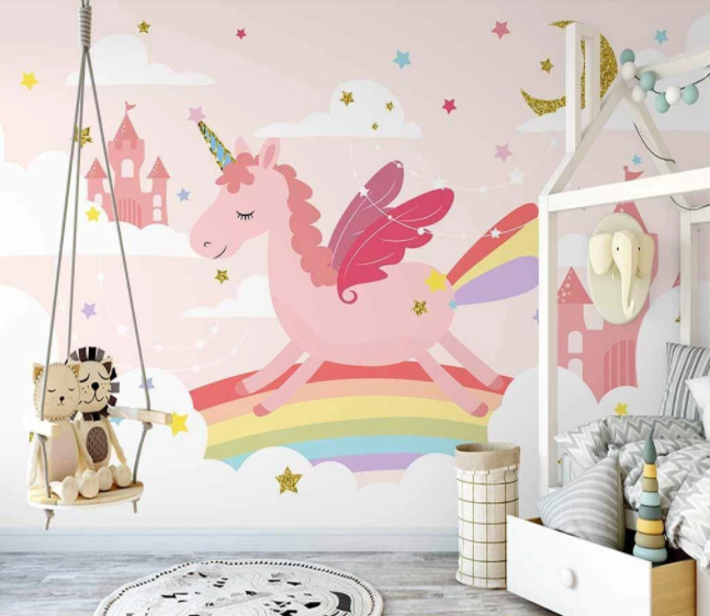 3D Cartoon Pink Castle Rainbow Unicorn Animal Wall Mural Wallpaper Lxl