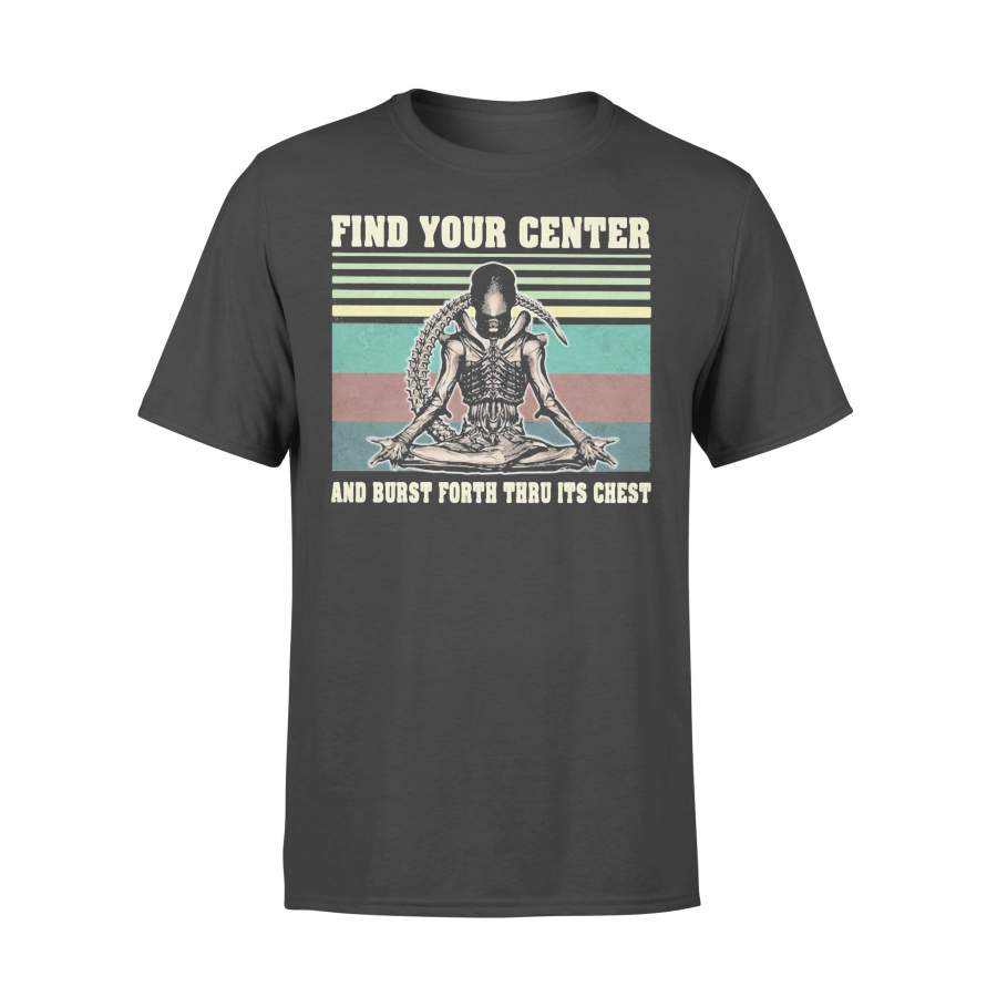 Find Your Center And Burst Forth Thru It’s Chest Alien Skull Yoga Vintage T-shirt