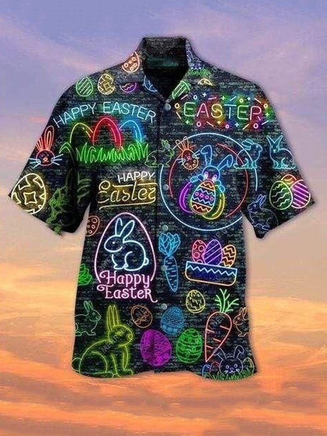 Men’S Hippie Easter Is Coming Bunny Color Short Sleeve Hawaiian Shirt