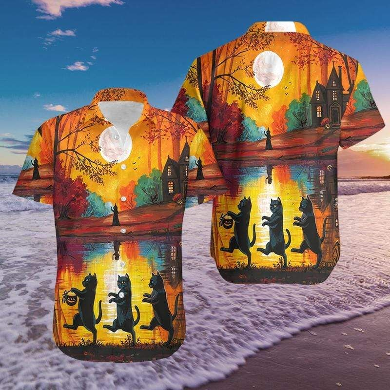 Walking Cat Trick Or Treat Halloween Print Hawaii Aloha Shirts Ha94821