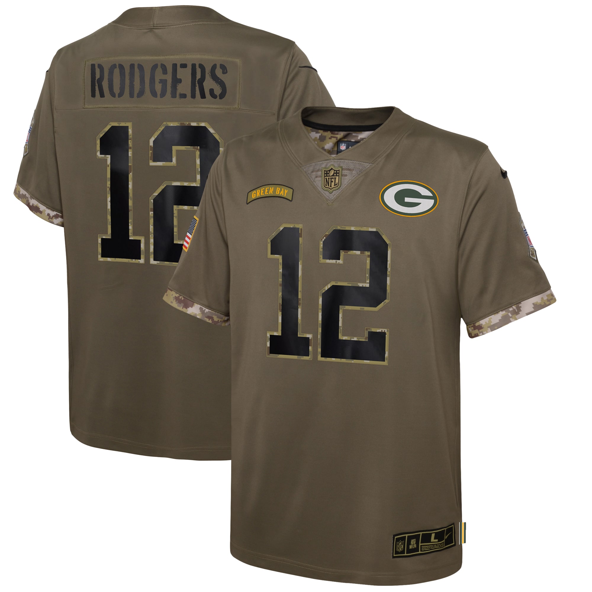 Youth Green Bay Packers Aaron Rodgers Olive 2022 Salute To Service Player Limited Jersey