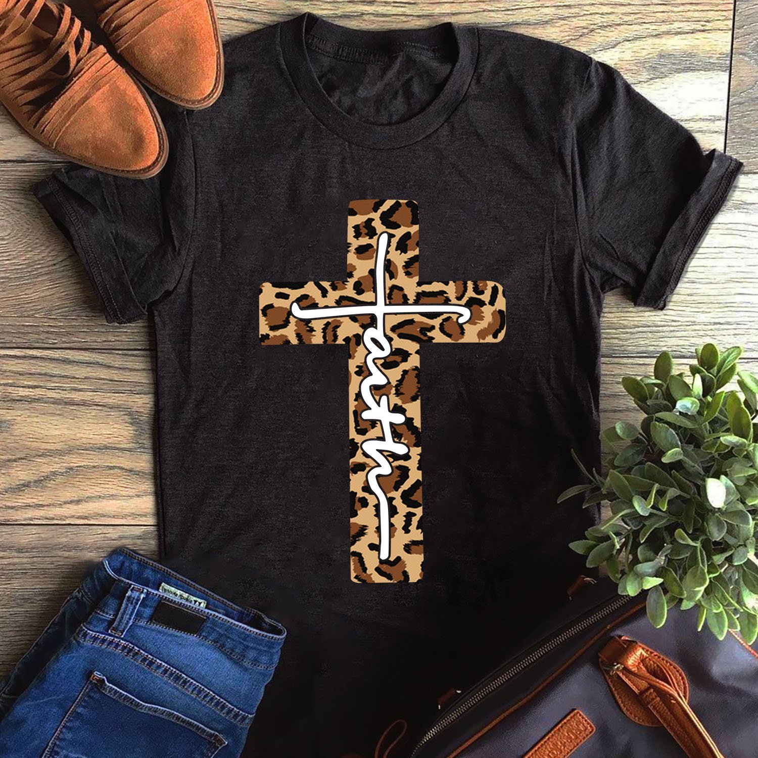 Faith Leopard Christian Cross Unisex T-Shirt Hoodie Sweatshirt Plus Size S-5Xl