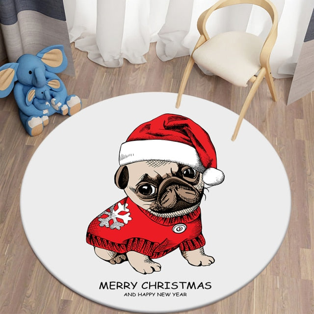 Cartoon Xmas Pug Round Carpets For Children’S Room Living Room Rugs Puppy Soft Flannel Floor Area Rug