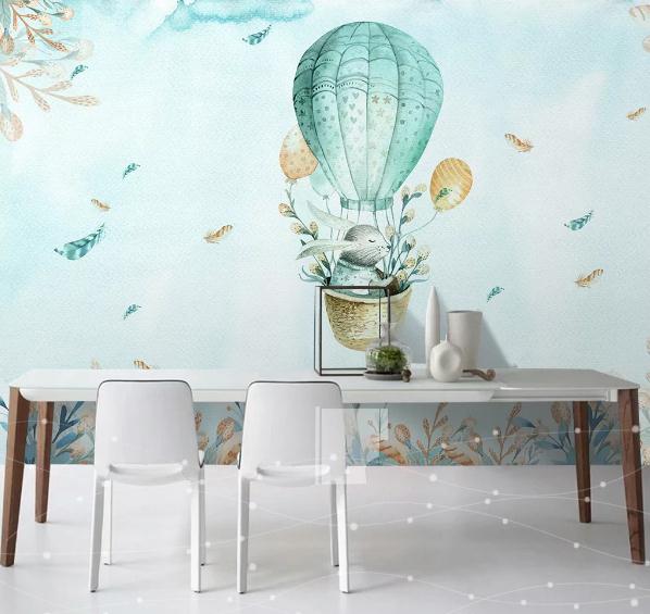 3D Green Hot Air Balloon Rabbit Wall Mural Wallpaper 346