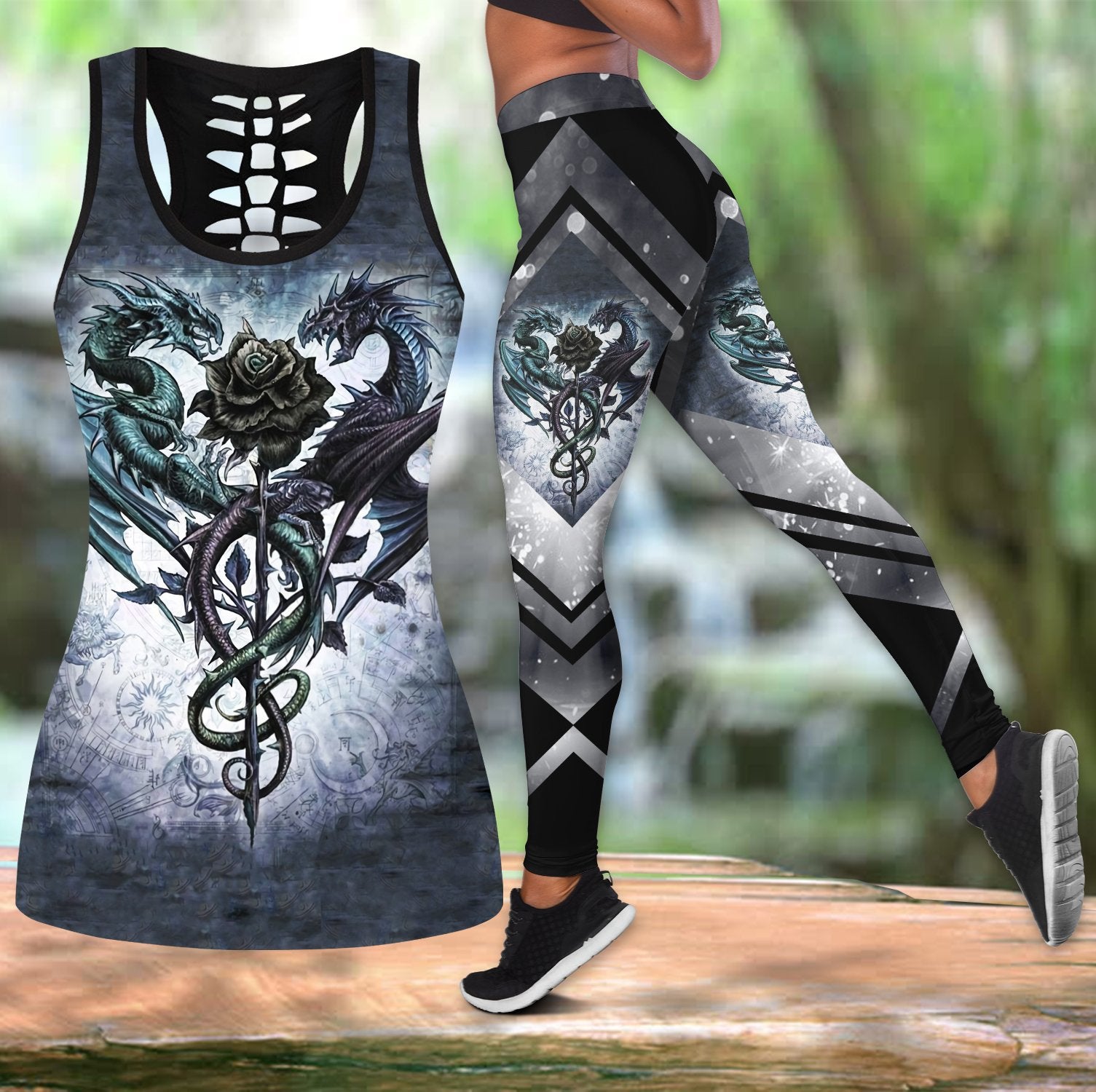 Woman Tank Top Black & White Dragon Tattoo Art Combo Tank + Legging Hac070503