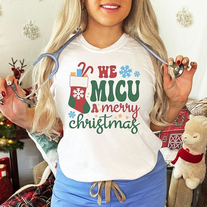 MICU Nurse Christmas T-shirt – Merry Xmas Medical ICU Holidays Crew Squad Group Shirts, Micu Rn Tech Aid Winter Tee Secret Santa Party