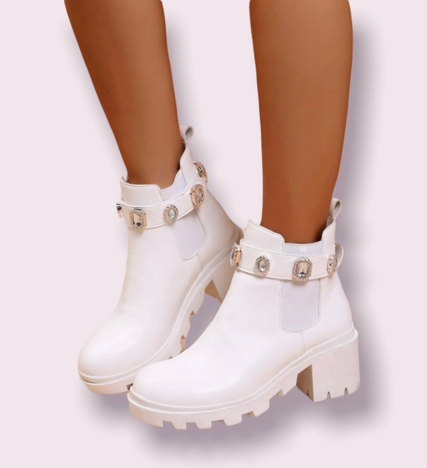 White/black chunky pump boots, Gemstone minimalist booties, White chunky booties, White preppy combat boots