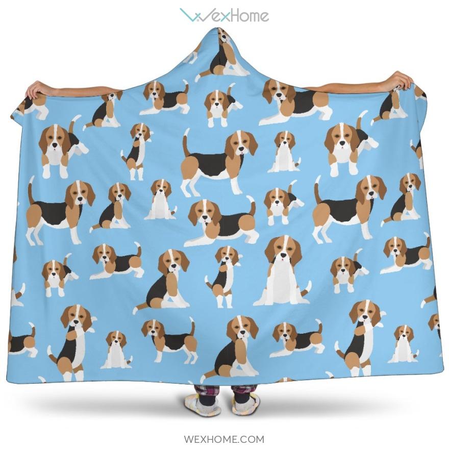 Beagle Dog Blue Background Pattern Hooded Blanket