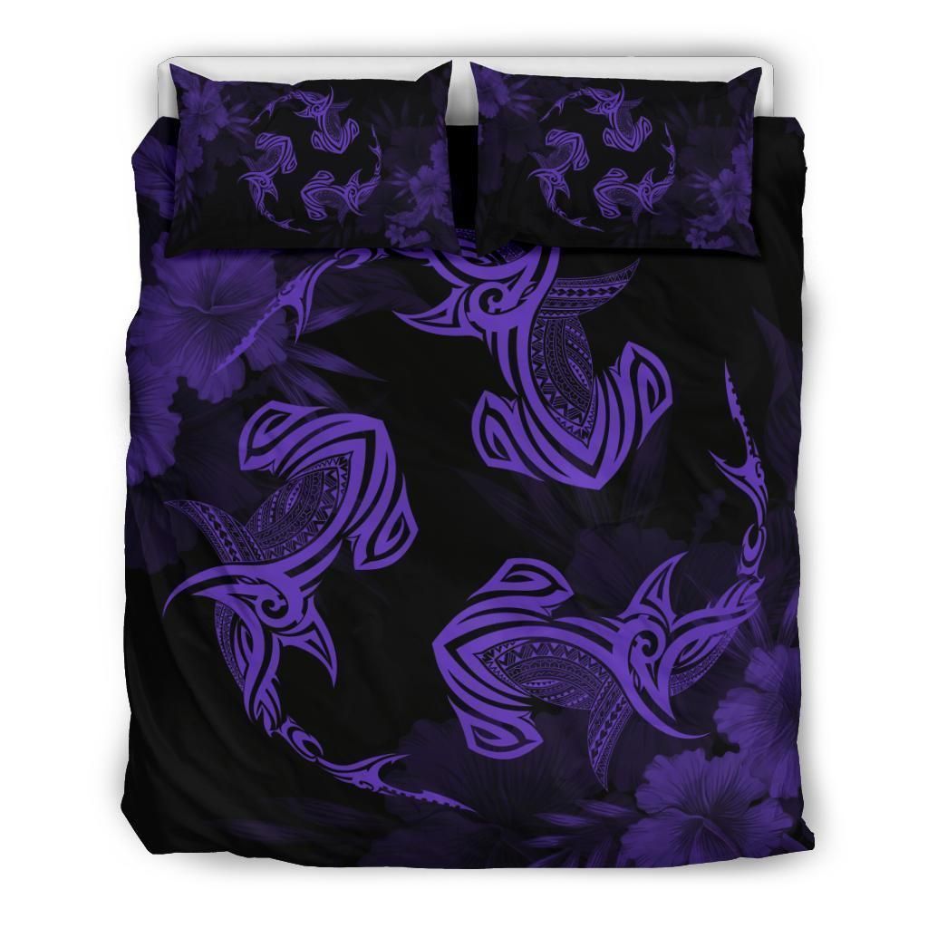 Alohawaii Bedding Set – Cover And Pillow Cases Hawaiian Hammerhead Shark Hibiscus Purple Polynesian – Ah – J4