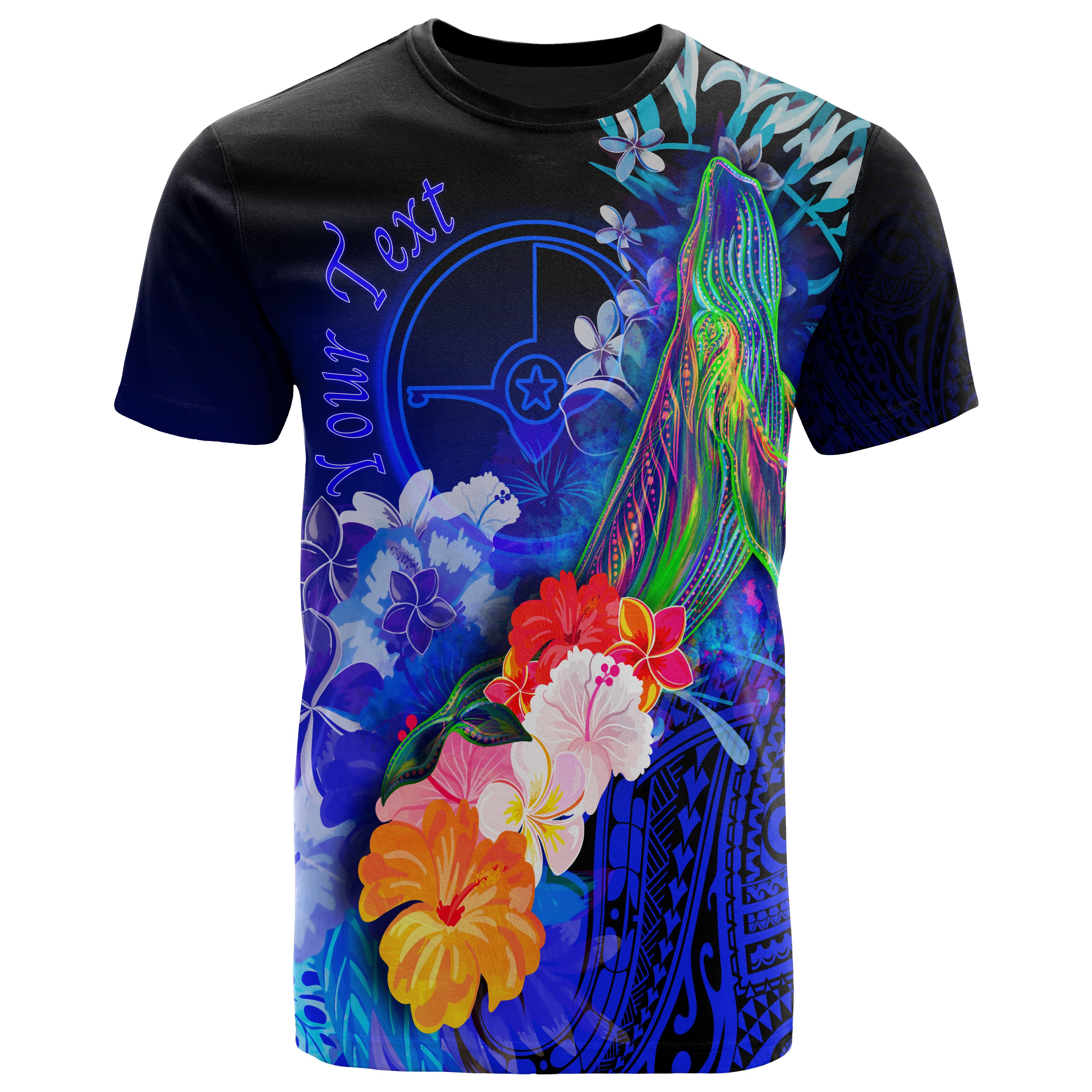 [Custom Personalised] Yap T-Shirt – Humpback Whale with Tropical Flowers (Blue)- BN18