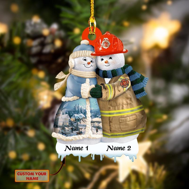 Firefighter Couple Ornament, Fireman Personalized Name, Custom Shape Ornament