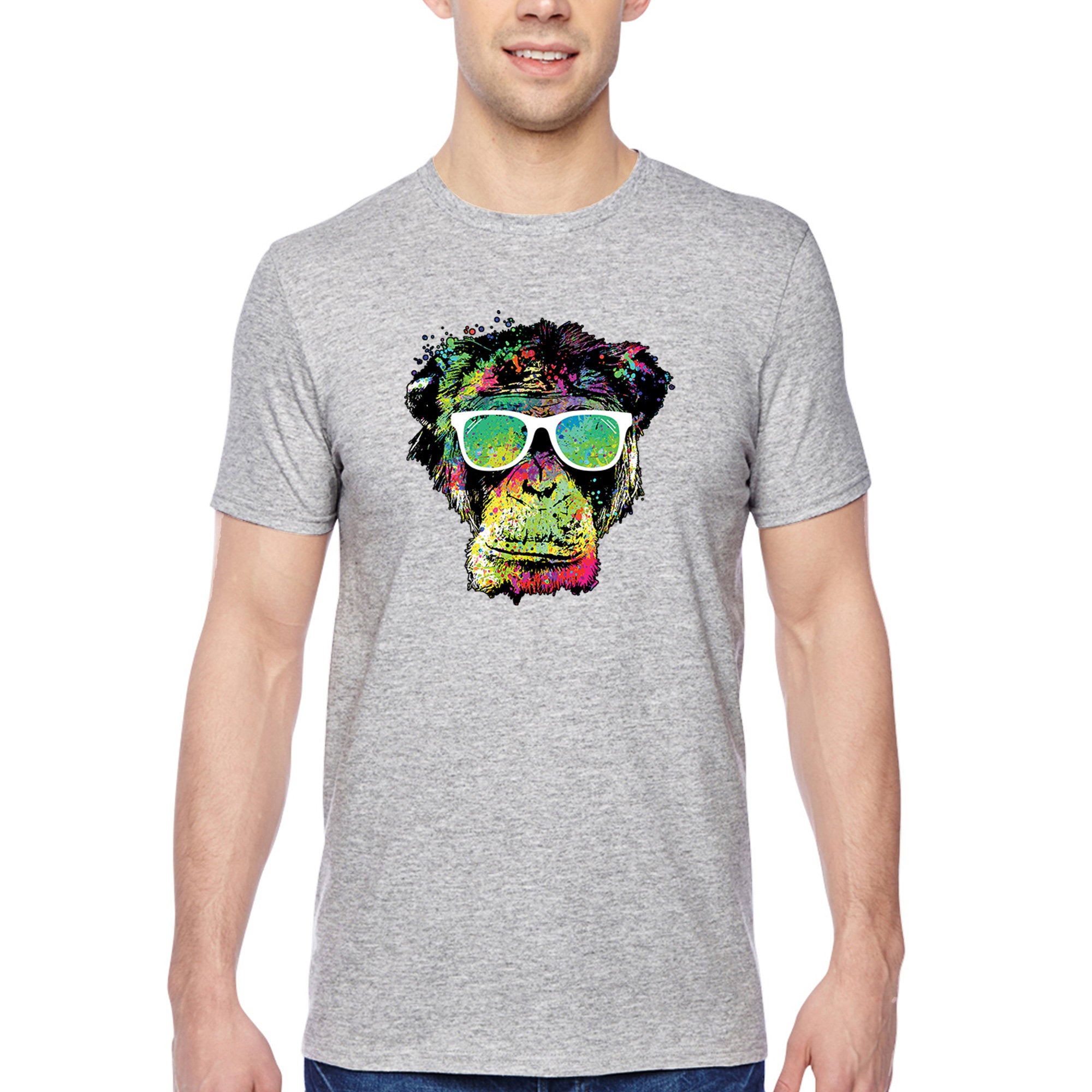 Xtrafly Apparel Men’S Tee Neon Monkey Glasses Ape Chimp Chimpanzee Gorilla Primate Tie Dye Wild Animal Jungle Zoo African Crewneck T-Shirt