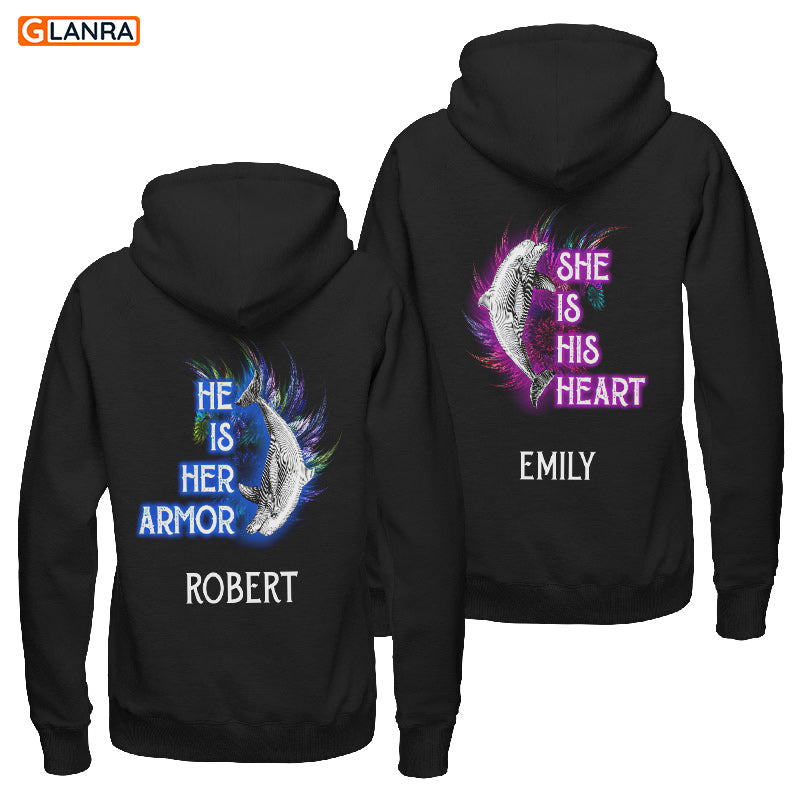 Personalized He Is Her Armor She Is His Heart Hoodie, Custom Dolphin Couple Hoodie, Couple Hoodie, Dolphin Hoodie, Unisex Sweater, Sweatshirt