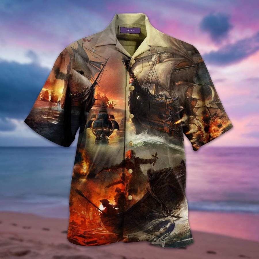 Amazing Fighting Pirate Ship Hawaii Aloha Shirts Ha84989