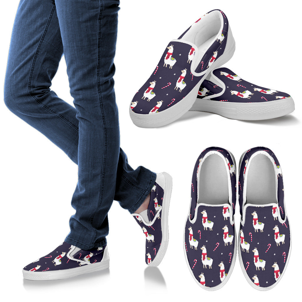 Llama With Candy Cane Themed Print Men Slip Ons Shoes