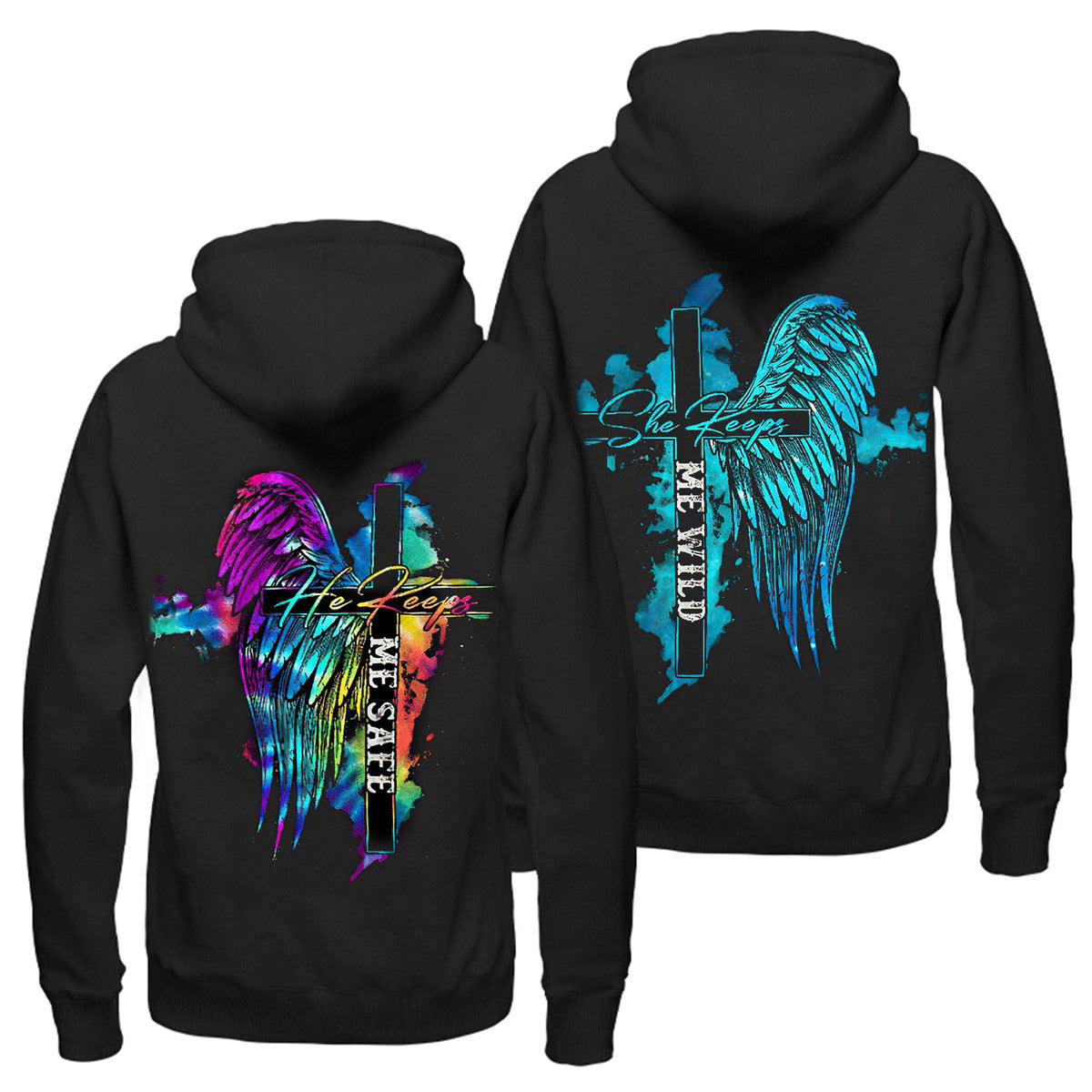 She Keeps Me Wild He Keeps Me Safe Hoodie, Angel Wings Hoodie, Matching Couple Hoodies, His And Hers Sweatshirts, Valentine’S Day Outfit