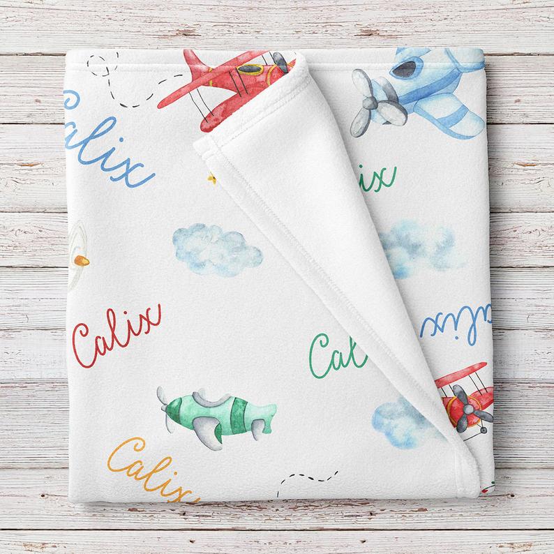 Airplane Aeroplane Personalized Baby Blanket, Baby Boy Blanket, Baby Shower Gift