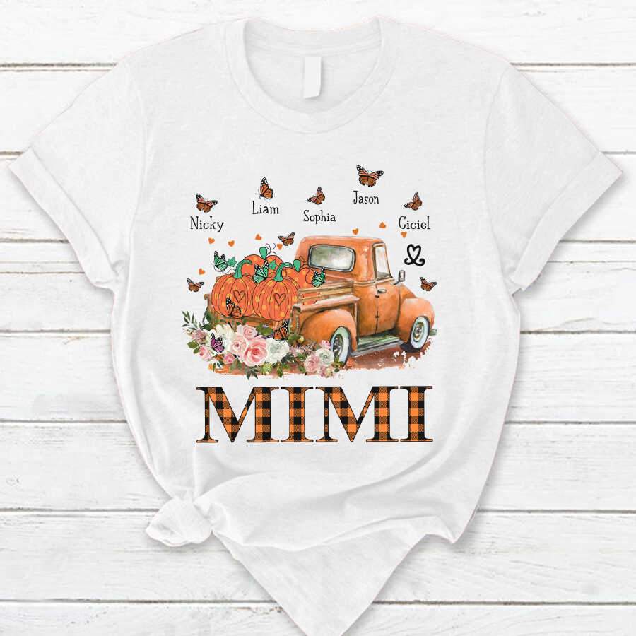 Mimi Shirt, Mimi Truck Pumpkin Fall Halloween Custom Kid Names Tshirt Women