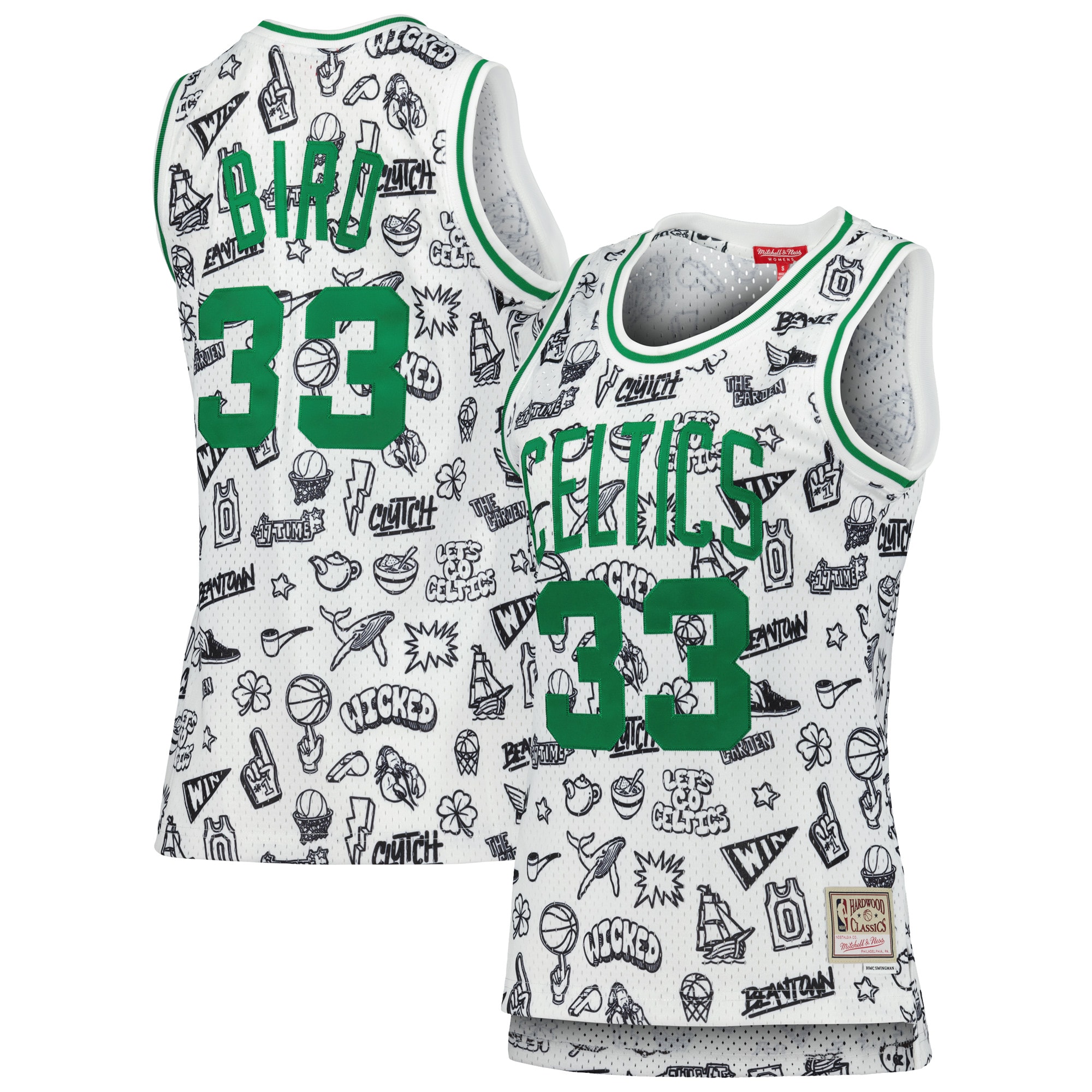 Women's Mitchell & Ness Larry Bird White Boston Celtics 1985 Doodle Swingman Jersey