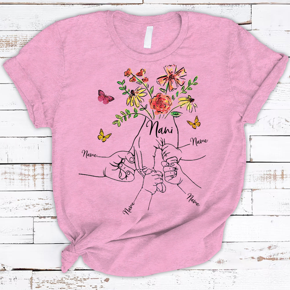 Personalized Nani Butterfly Flower Watercolor Holding Hands Grandkids Shirts For Nani