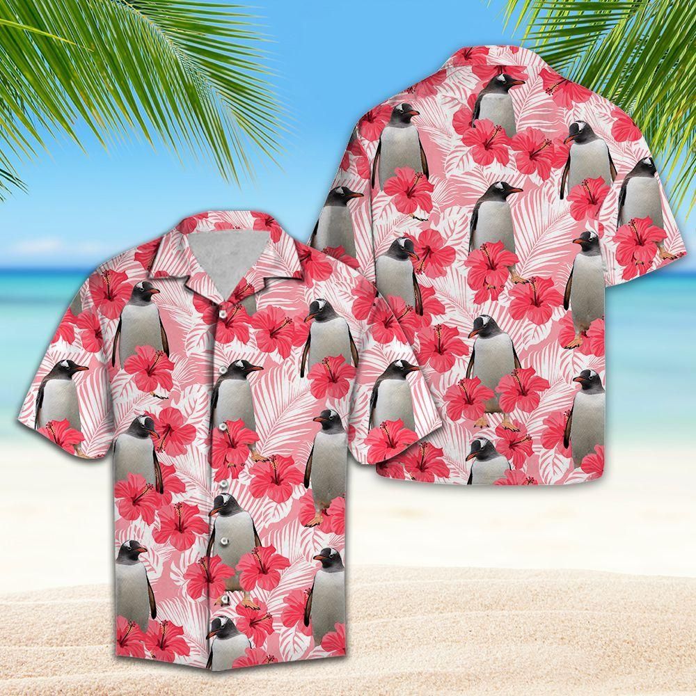 Penguin Tropical Flowers Hibiscus Aloha Hawaiian Shirt Colorful Short Sleeve Summer Beach Casual Shirt For Men And Women