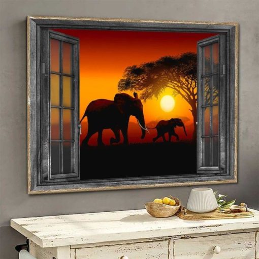 Through The Window Elephant Mom And Son Walking Sunset Africa Family Canvas Poster