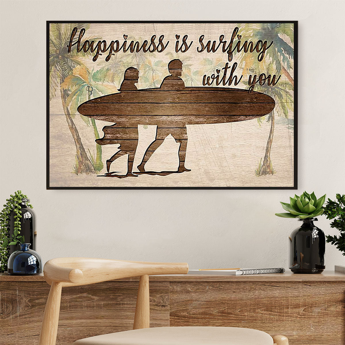 Water Surfing Poster Prints | Couple Husband & Wife, Girlfriend & Boyfriend | Wall Art Gift For Beach Surfer