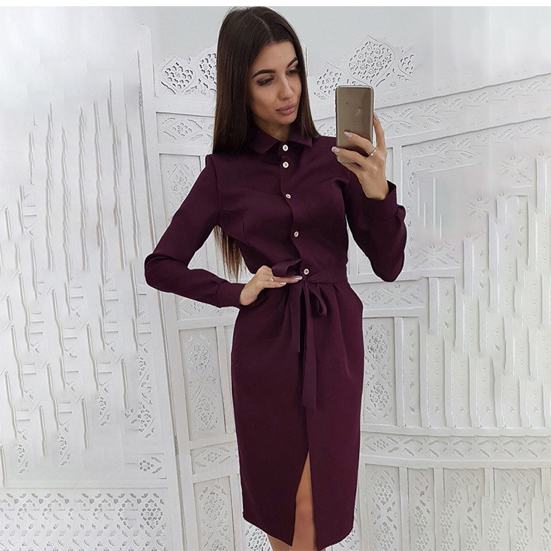 Autumn Greeen Dress Fashion Casual Winter Yellow Long Sleeve Button Lace Up Office Elegant Dresses For Women Robe Femme 2021 alx