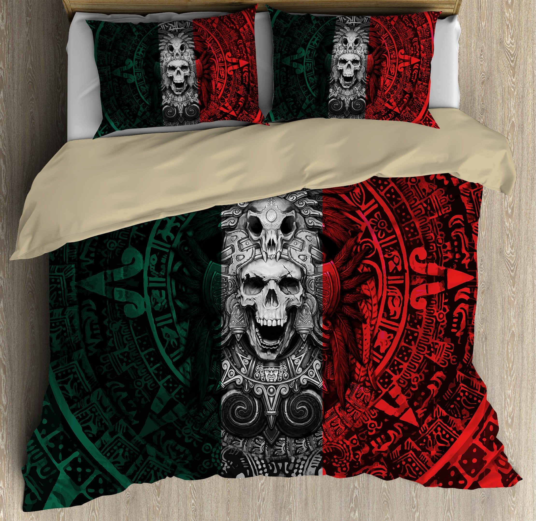 Aztec Skull Warrior Mix Mexican Flag Color Aztec All Over Printed Bedding Set _ Am Style Design