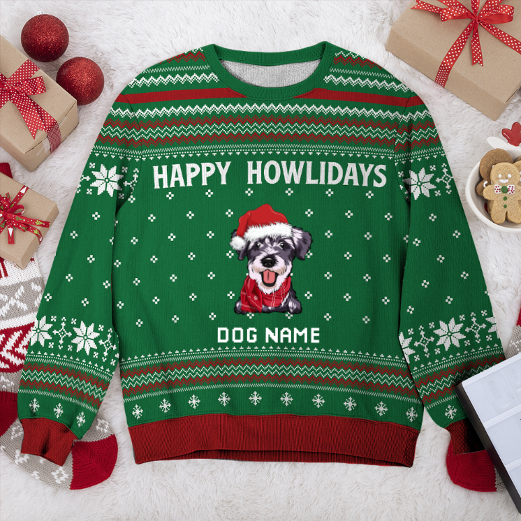 Schnoodle Happy Howlidays Personalized Sweater, Dog Ugly Christmas Sweater