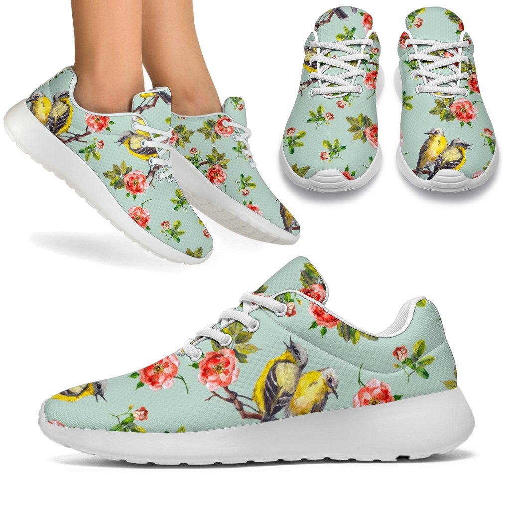 Bird With Red Flower Print Pattern Sport Sneakers White